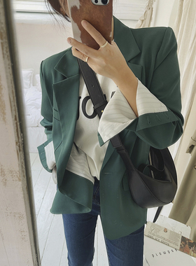 绿色韩版小西装短外套女士休闲2025新款黑色小个子chic春秋西服潮