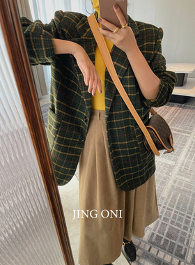 绿色格子毛呢子外套大衣女2024年秋冬季新款西装韩版复古气质显瘦