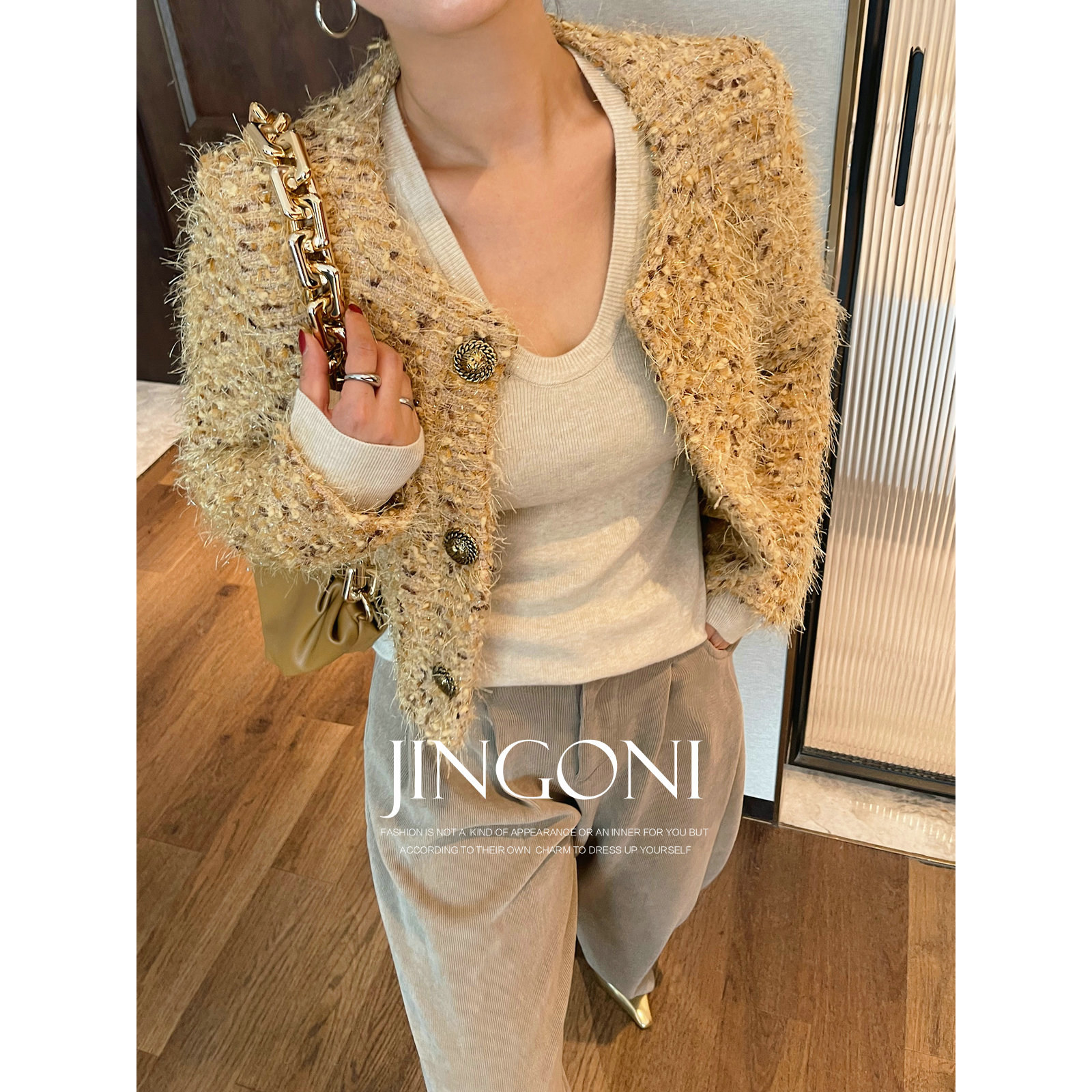 JINGONI小香风短外套女上衣秋冬新款夹克风衣气质显瘦小个子高级