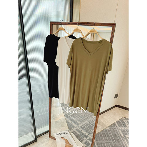 JINGONI柔软V领短袖长款T恤女纯色百搭chic韩系简约宽松上衣夏季