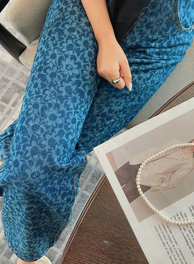 JINGONI花朵直筒牛仔裤子女长裤春夏季新款高腰休闲显瘦阔腿显瘦