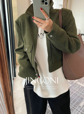 JINGONI翻领毛呢外套女上衣秋冬风衣短款小个子宽松夹克时尚显瘦