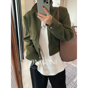 JINGONI翻领毛呢外套女上衣秋冬风衣短款小个子宽松夹克时尚显瘦