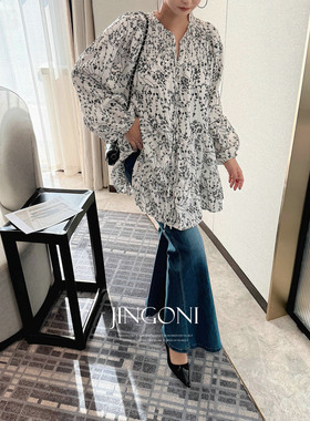 JINGONI碎花灯笼袖衬衫女长袖中长款衬衣2026年春季新款宽松气质