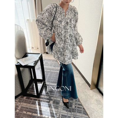 JINGONI碎花灯笼袖衬衫女长袖中长款衬衣2026年春季新款宽松气质