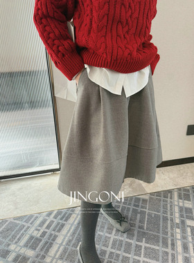 JINGONI内加绒毛呢A字半身裙子女高腰中裙小个子百搭秋冬伞裙显瘦