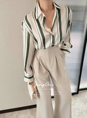 JINGONI绿色醋酸缎面条纹长袖衬衫女上衣法式复古气质宽松显瘦秋