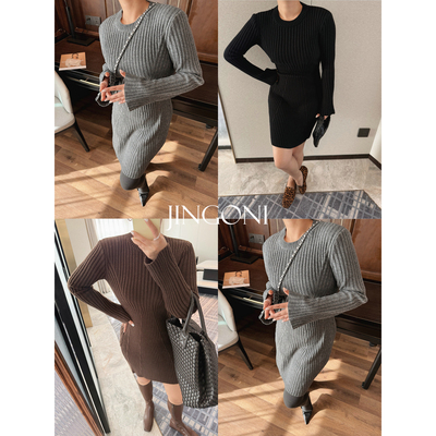 JINGONI坑条针织连衣裙女士秋冬季修身显瘦毛衣内搭打底包臀气质