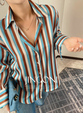 JINGONI条纹醋酸衬衫女上衣缎面春秋季新款宽松法式长袖衬衣气质