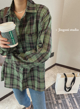 长袖绿色格子衬衫女韩版2025年春季新款宽松英伦上衣内搭休闲复古