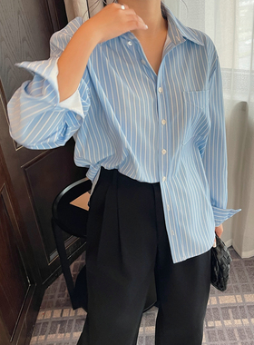 蓝色条纹长袖衬衫女上衣春秋季新款韩版衬衣宽松休闲气质显瘦小衫