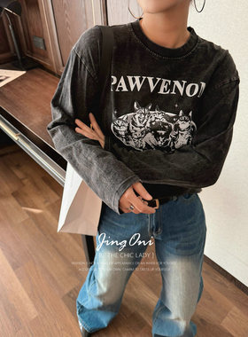 JINGONI字母印花长袖T恤女上衣时尚宽松圆领百搭内搭韩系港风显瘦