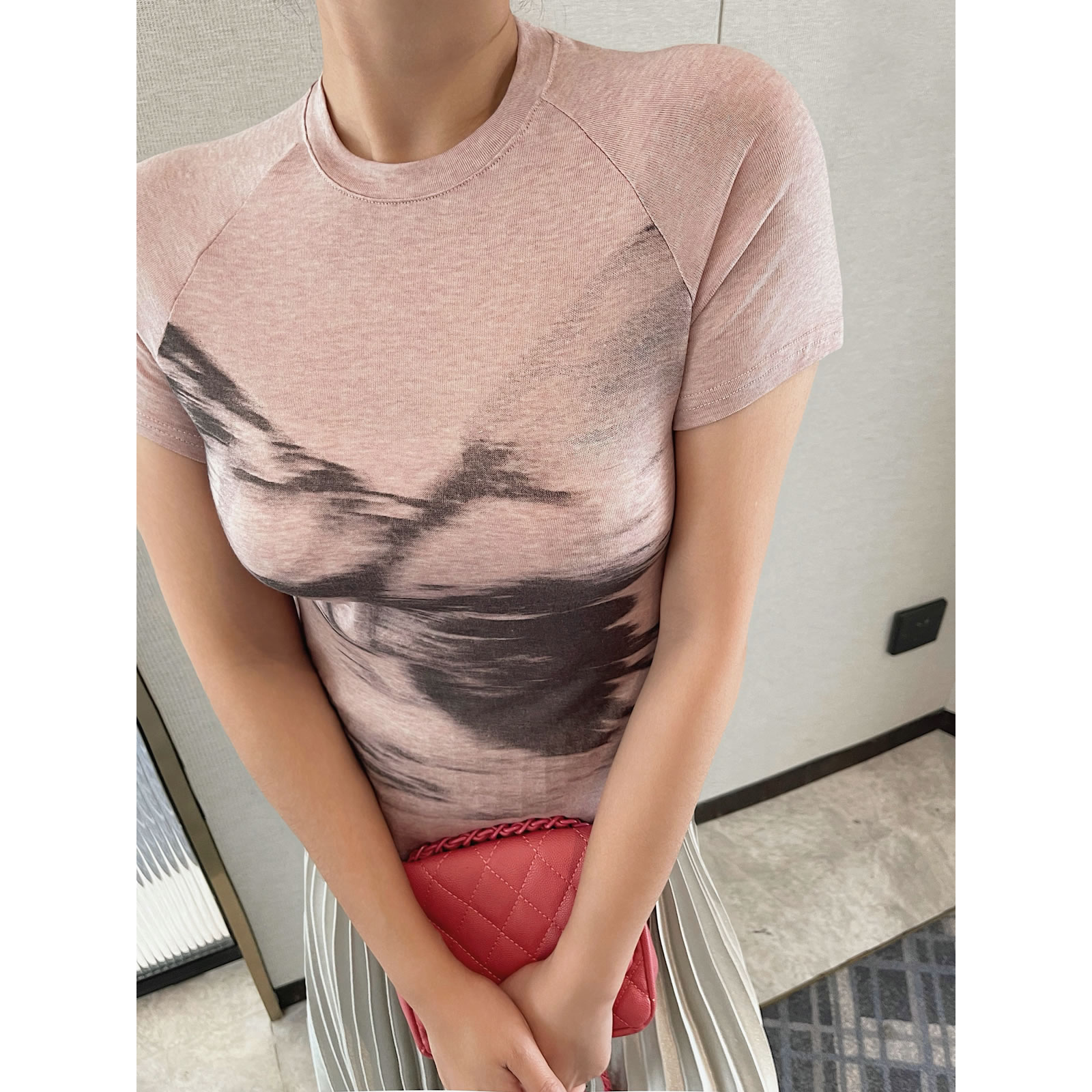 粉色扎染短袖T恤上衣女夏季新款修身显瘦韩版短款体恤休闲印花潮