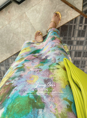 水彩画缎面醋酸半身裙子女松紧高腰包臀夏季新款中长款法式修身