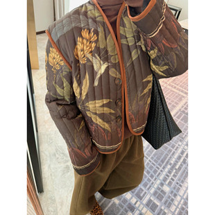JINGONI新中式花鸟印花轻薄棉衣棉服女秋冬复古短款夹棉外套上衣