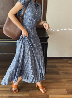 蓝色碎花连衣裙女法式短袖夏季温柔风长裙a字收腰遮肉显瘦小个子