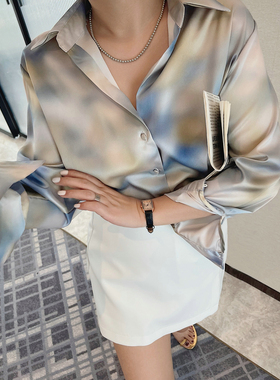 JINGONI扎染醋酸缎面长袖衬衫女上衣春夏季宽松显瘦法式高级气质