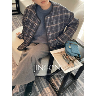 新款 休闲英伦宽松 棉衣棉服外套女上衣2024冬季 JINGONI方格子薄款