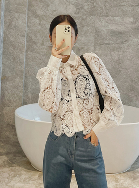 复古蕾丝风长袖衬衫女薄款白色上衣设计感打底衫春季2025新款法式