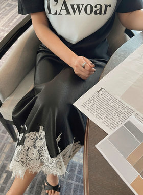 蕾丝醋酸半身裙女高腰2025新款宽松中长款气质显瘦直筒小个子缎面