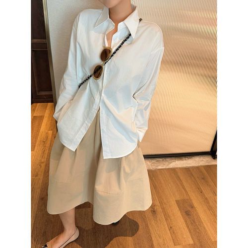 JINGONI纯色长袖衬衫女上衣春秋季百搭简约通勤宽松气质衬衣chic