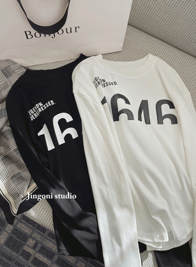 白色修身字母长袖t恤女上衣2025春季新款内搭短款小个子chic韩版