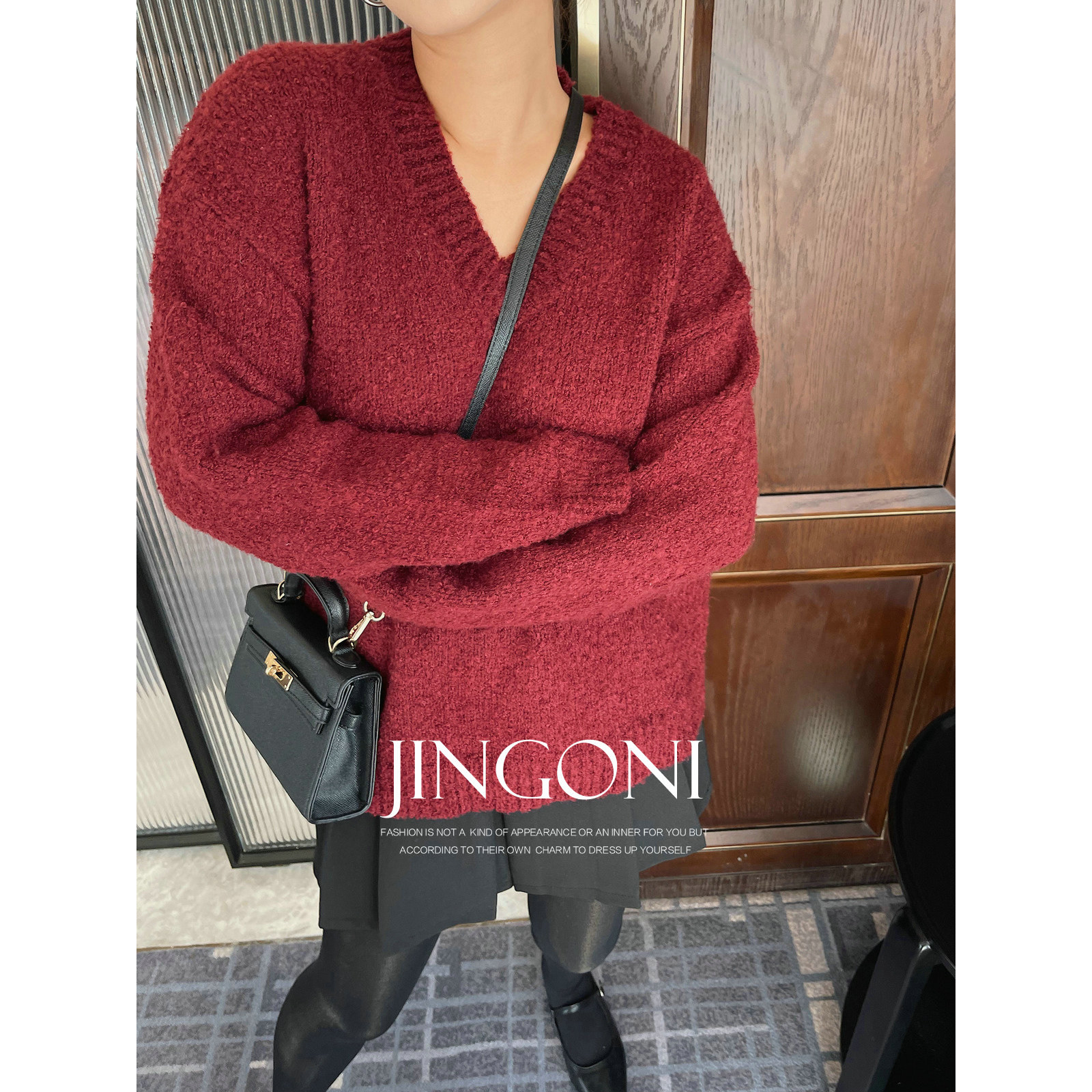 JINGONI粗针V领套头毛衣女上衣秋冬季新款韩版宽松慵懒风针织衫潮