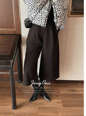 JINGONI百搭气质毛呢子高腰八分裤女秋冬黑色宽松阔腿直筒小个子