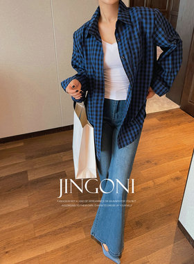 蓝色格子长袖衬衫女上衣春秋季新款韩版宽松开衫衬衣休闲时尚显瘦