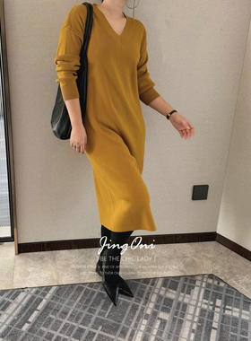 JINGONI纯色V领长袖针织连衣裙女2025新款内搭中长款简约宽松显瘦