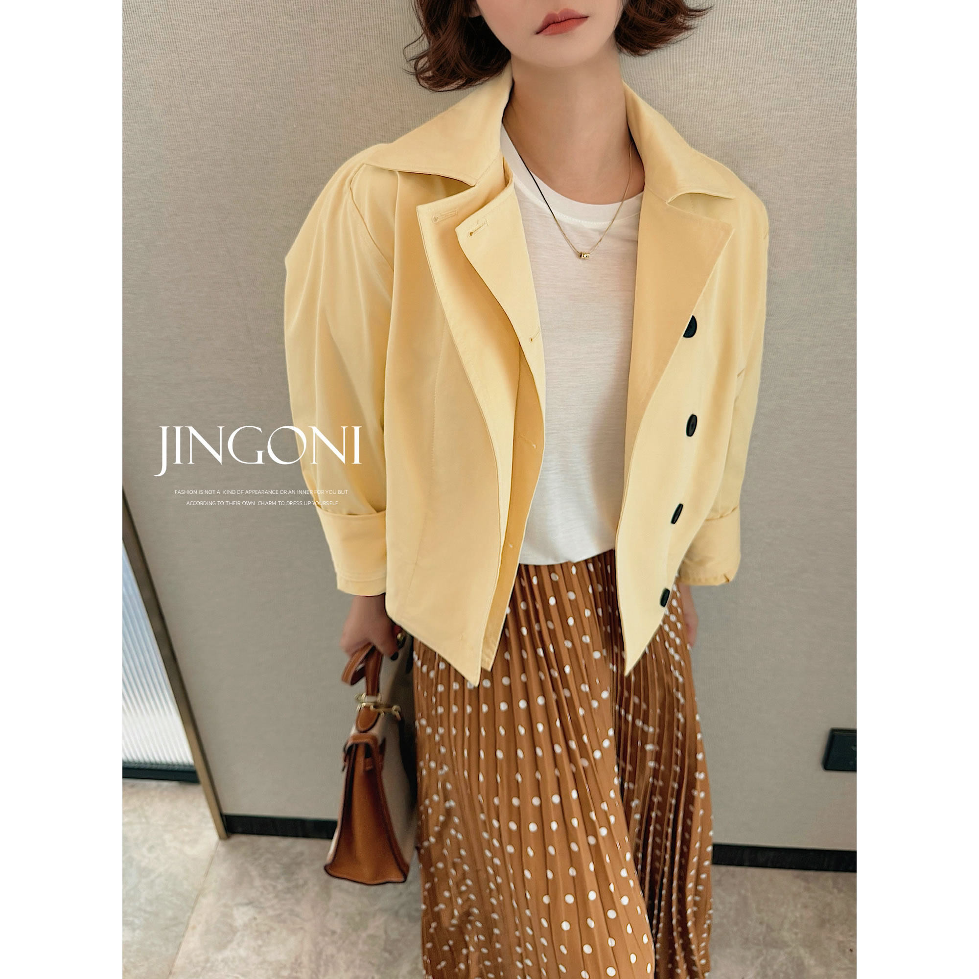 JINGONI黄色短款风衣外套女夹克女早秋新品宽松韩系休闲减龄百搭
