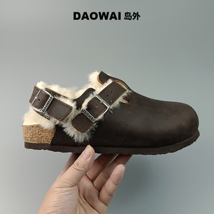 岛外DAOWAI勃肯鞋 加绒羊毛软木拖女复古文艺日系Kay系列博肯鞋