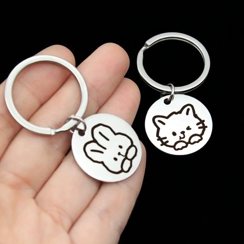 不锈钢钥匙扣可爱兔子猫猫简笔线条卡通Q版情侣书包挂件