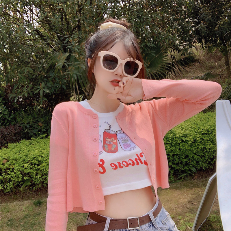 New early summer hot girl two piece printed knitted Short Sleeve T + sunscreen long sleeve coat