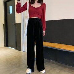 Real-price golden velvet broad-legged trousers with high waist and drooping feeling