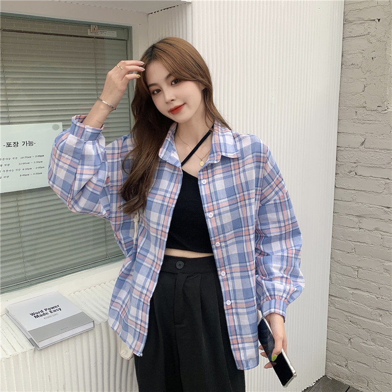 Real price new Korean loose plaid shirt for female students