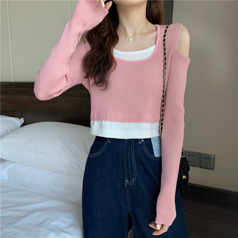 Real price spring new slim short off shoulder top women's Pink versatile long sleeve T-shirt