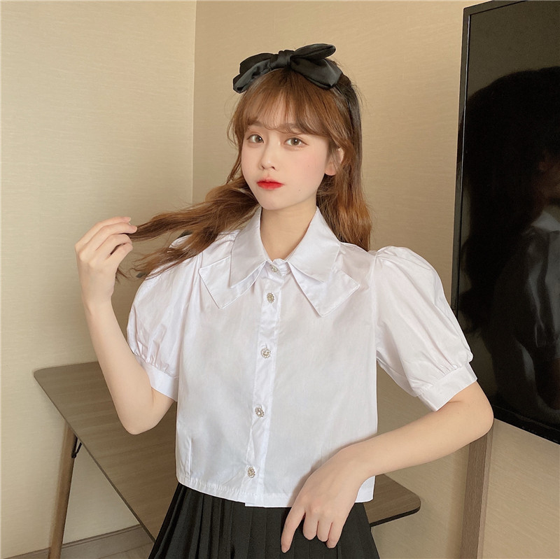 Real shot real price spring and summer new style bubble sleeve shirt women's design sense versatile thin short white shirt