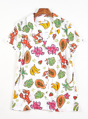 精品大码绵绸印花睡衣上装女士H83591夏季超柔亲肤短袖居家服衬衫