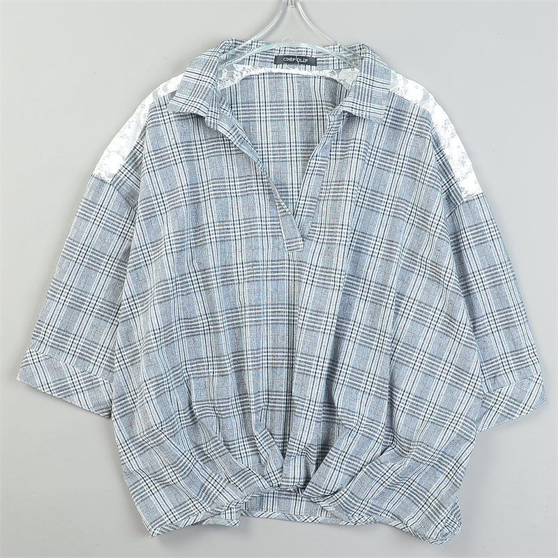 日单文艺范套头衬衫女L84594夏秋蕾丝方格宽松落肩七分袖休闲上衣