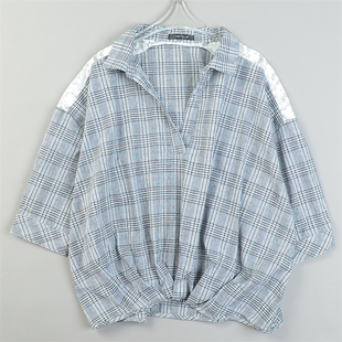 日单文艺范套头衬衫 休闲上衣 女L84594夏秋蕾丝方格宽松落肩七分袖