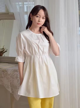 921日单半袖连衣短裙73949白色泡泡喇叭袖减龄收腰中长款圆领衬衫