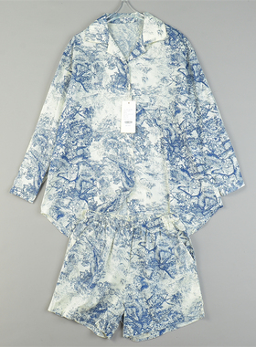 高端全棉国潮印花睡衣两件套装男女83904夏秋长袖上衣+短裤家居服