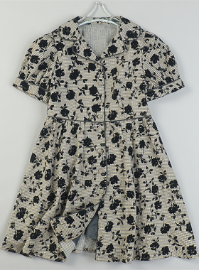 高货日单甜美植绒花碎格连衣裙84277单排扣短袖A字裙春夏高腰短裙