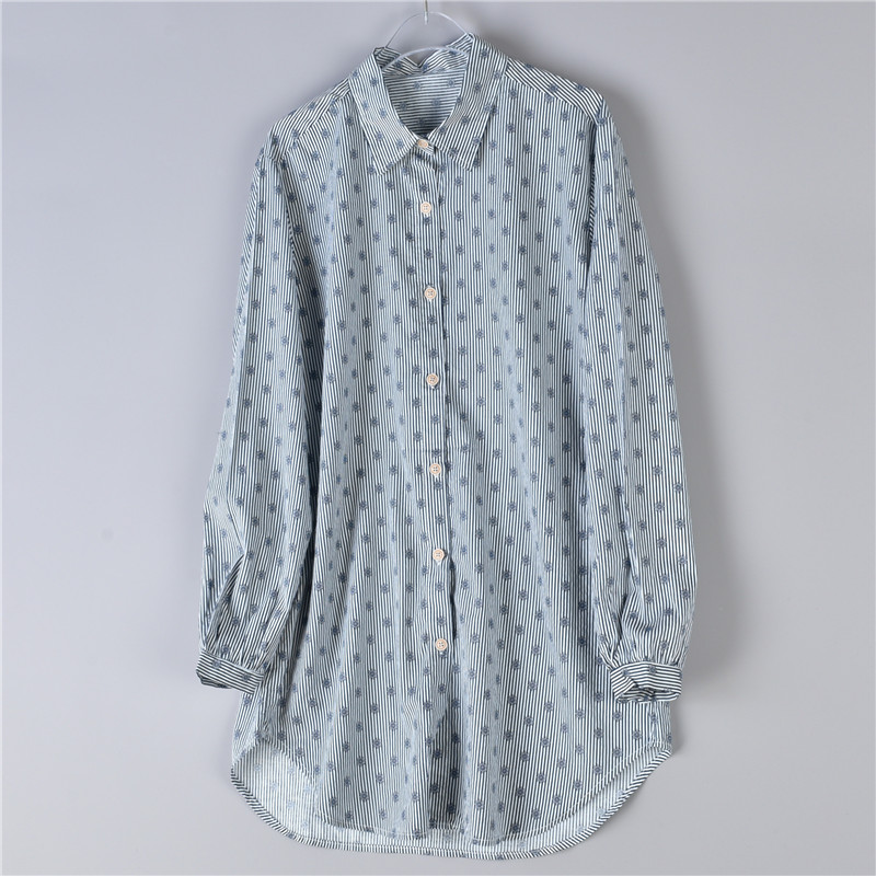 日单纯棉中长款衬衫裙女条纹印花