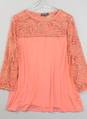 外贸单拼接款T恤女10.7L84993镂空蕾丝七分袖夏季直筒型休闲上衣