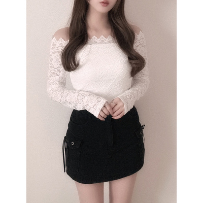 性感一字肩蕾丝长袖T恤女