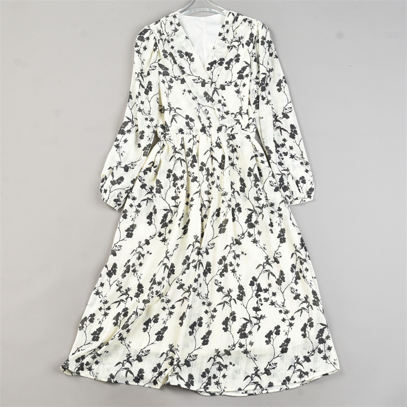 高货优雅水墨印花连衣裙女83473系带收腰长袖A字裙春夏季时尚长裙