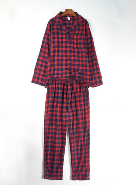 精品外贸格子睡衣套装男女H85285春秋衬衫领长袖长裤家居服两件套
