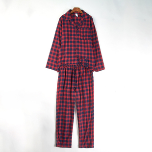 精品外贸格子睡衣套装男女H85285春秋衬衫领长袖长裤家居服两件套